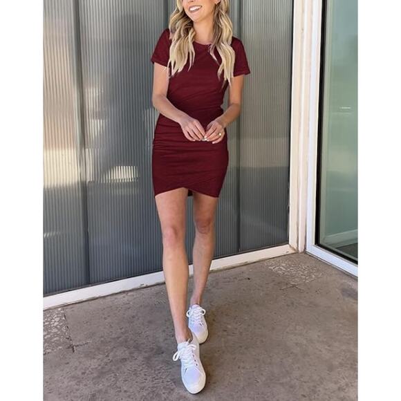 BTFBM Burgundy Ruched T-Shirt Dress Size S Bodycon Stretch Preppy Classic - Picture 2 of 8